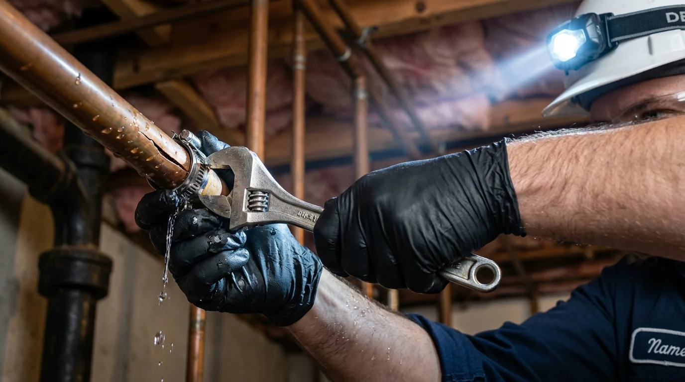 Emergency pipe clamp repair being performed by a Johns Plumbing LLC plumber in Holliday