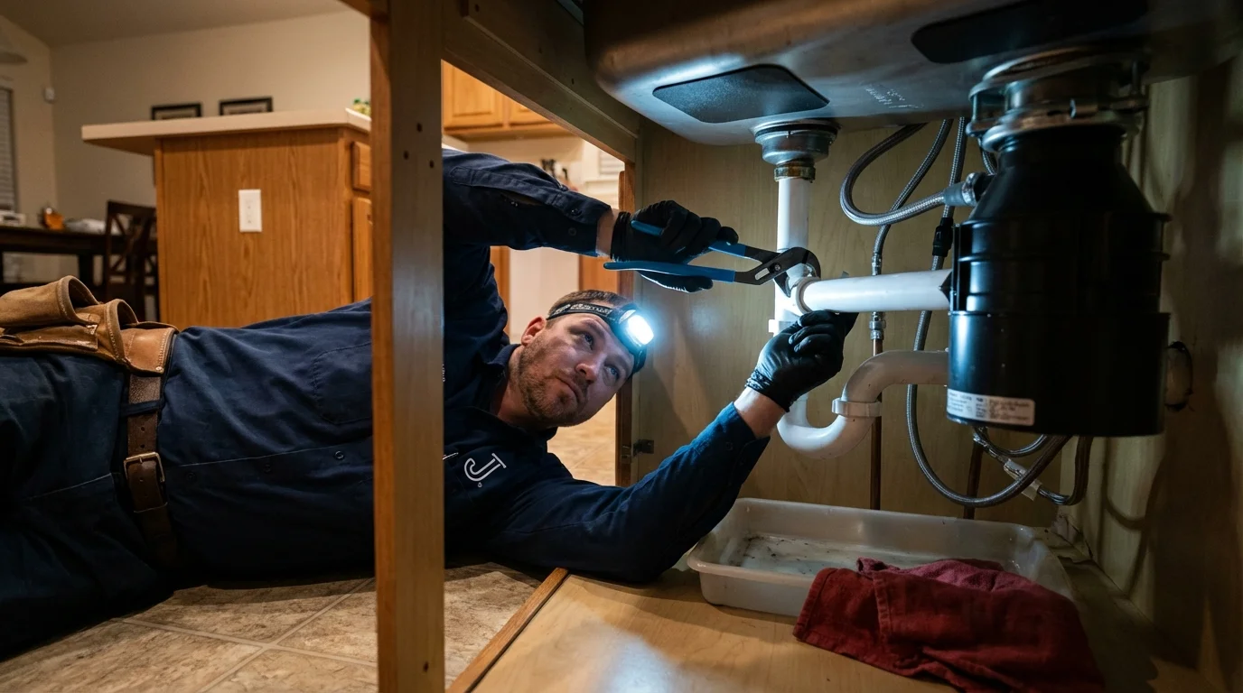P-trap and supply line connections under a kitchen sink showing a common leak point in Holliday, TX
